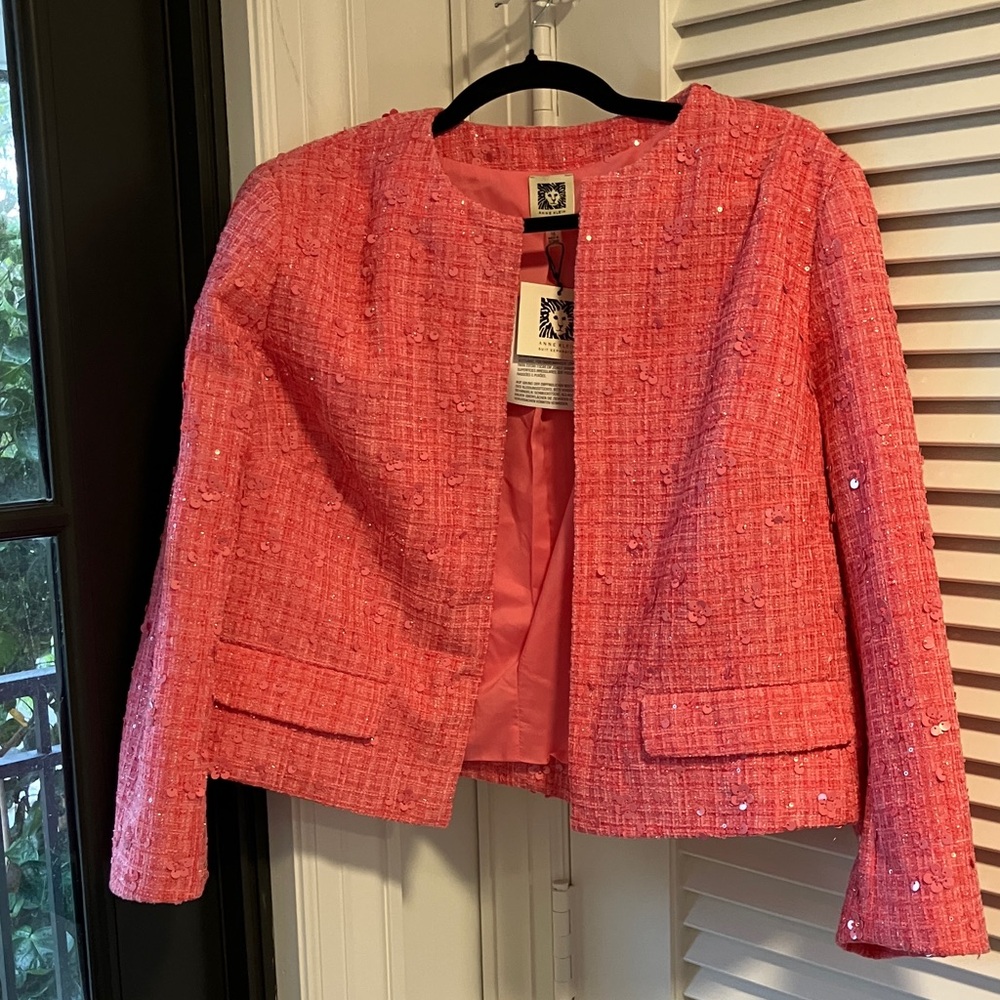 Anne Klein Coral Pink Tweed Open-Front Jacket